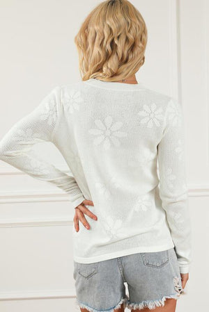 Simple Warmth Eyelet White Floral Sweater-MXSTUDIO.COM