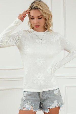 Simple Warmth Eyelet White Floral Sweater-MXSTUDIO.COM