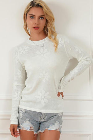 Simple Warmth Eyelet White Floral Sweater-MXSTUDIO.COM