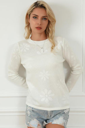 Simple Warmth Eyelet White Floral Sweater-MXSTUDIO.COM