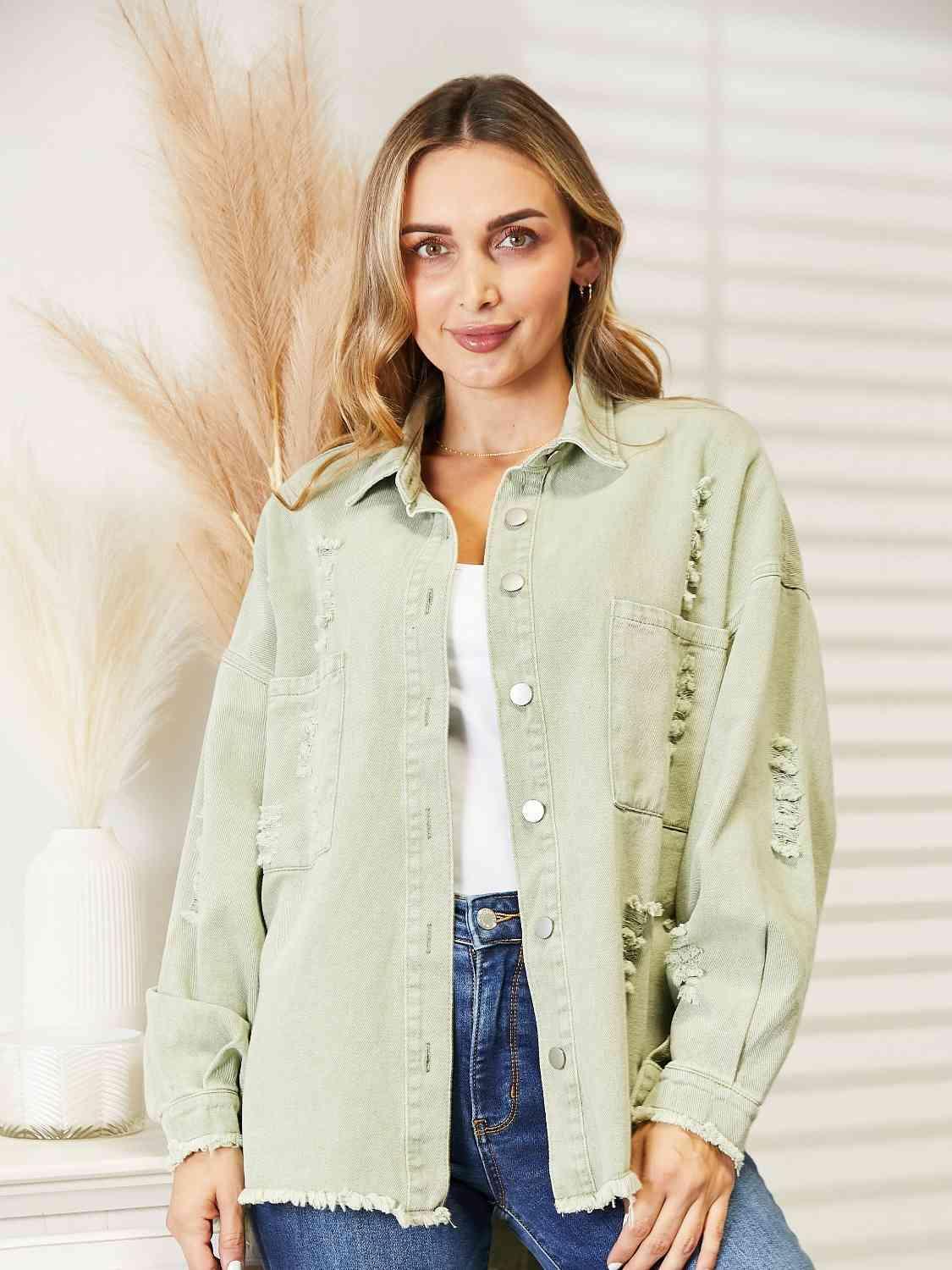 Single-Breasted Distressed Raw Hem Denim Jacket - MXSTUDIO.COM