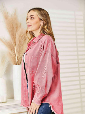 Single-Breasted Distressed Raw Hem Denim Jacket - MXSTUDIO.COM