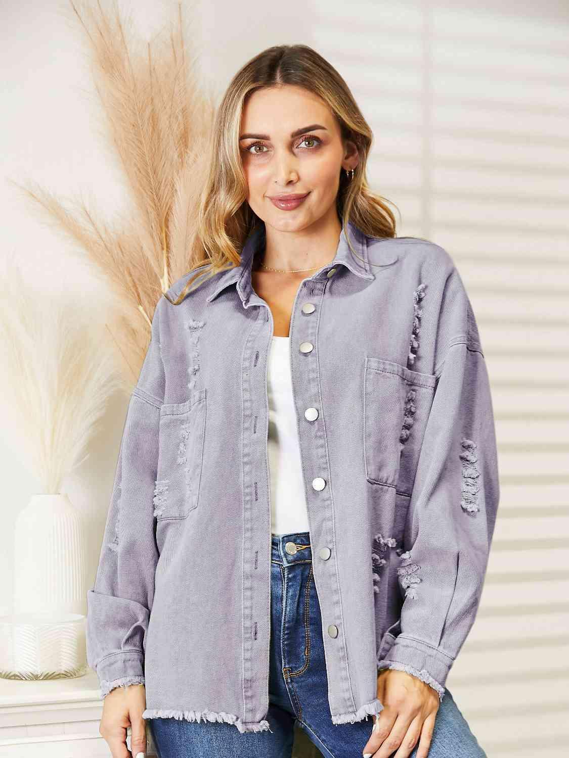 Single-Breasted Distressed Raw Hem Denim Jacket - MXSTUDIO.COM