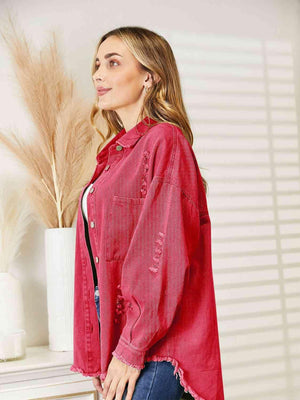 Single-Breasted Distressed Raw Hem Denim Jacket - MXSTUDIO.COM