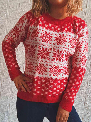 Skillfully Patterned Long Sleeve Snowflake Sweater-MXSTUDIO.COM