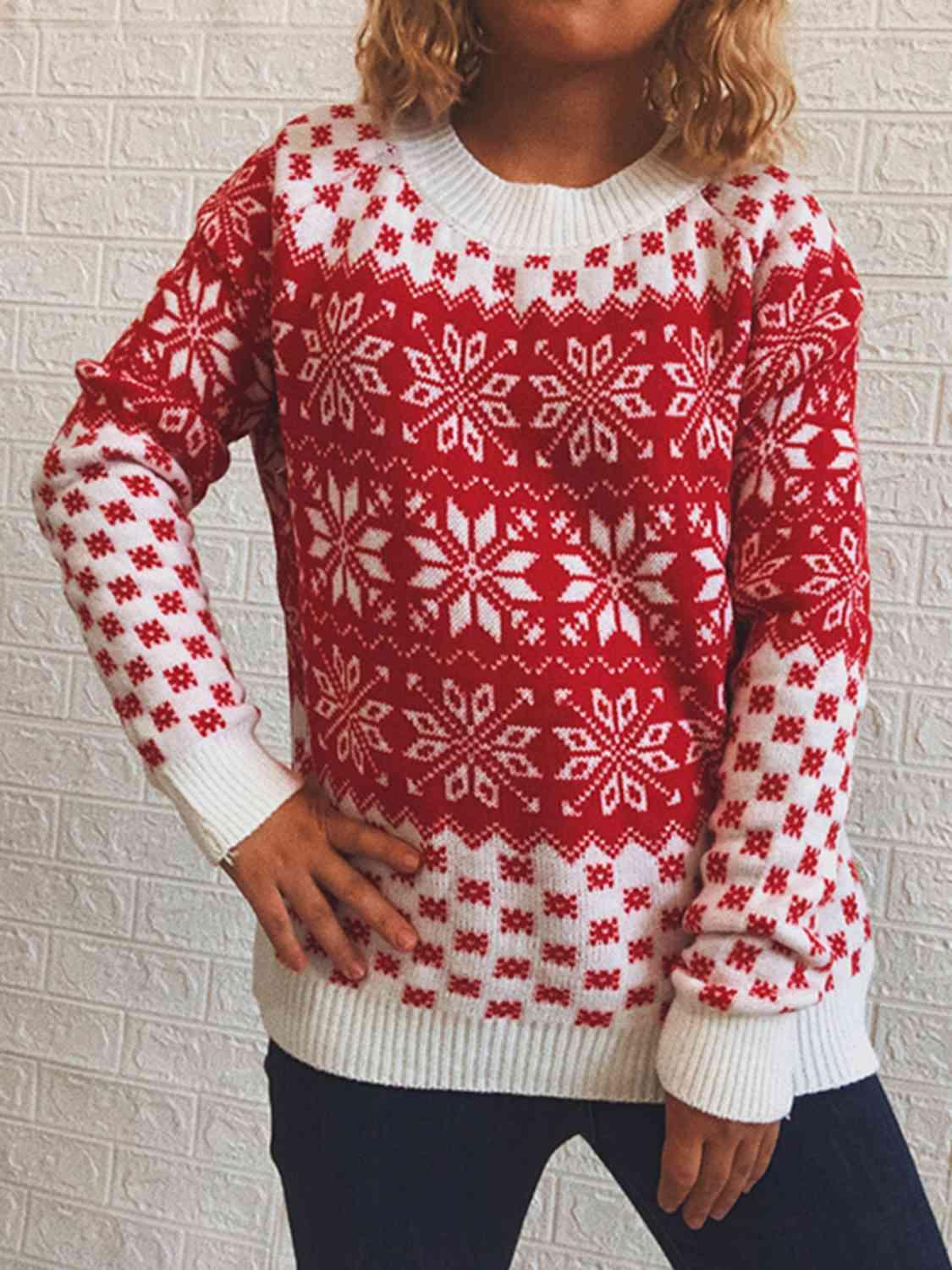 Skillfully Patterned Long Sleeve Snowflake Sweater-MXSTUDIO.COM