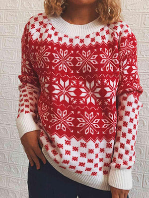 Skillfully Patterned Long Sleeve Snowflake Sweater-MXSTUDIO.COM