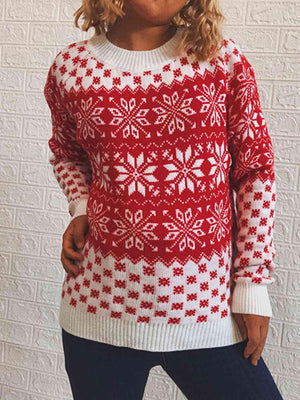 Skillfully Patterned Long Sleeve Snowflake Sweater-MXSTUDIO.COM
