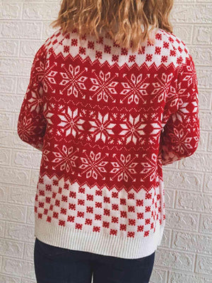 Skillfully Patterned Long Sleeve Snowflake Sweater-MXSTUDIO.COM