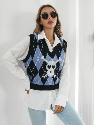 Skull Knitted Sleeveless Argyle Sweater Vest-MXSTUDIO.COM