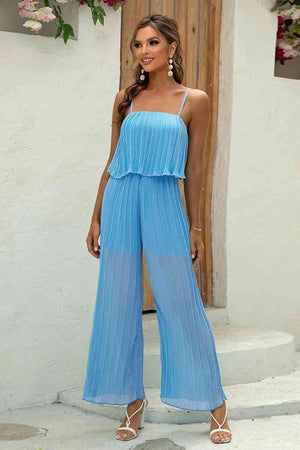 Sky Blue Semi-Sheer Sleeveless Wide Leg Jumpsuit - MXSTUDIO.COM