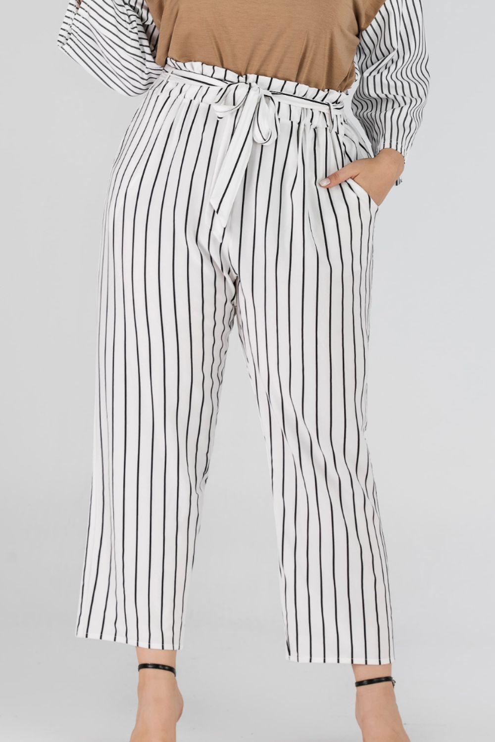 Slay The Day Striped Plus Size Paperbag Pants - MXSTUDIO.COM