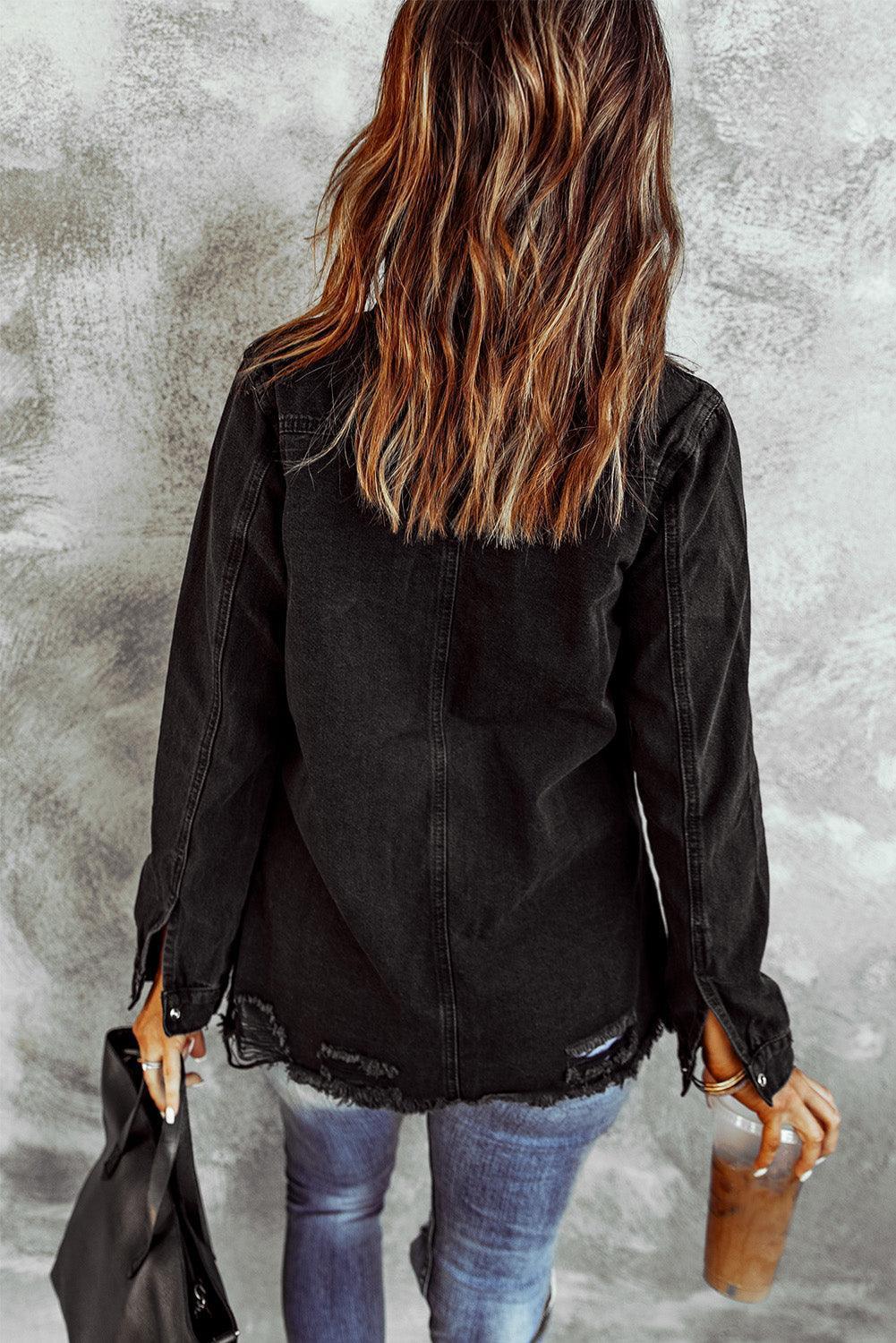 Slay it Girl Distressed Raw Hem Denim Jacket - MXSTUDIO.COM