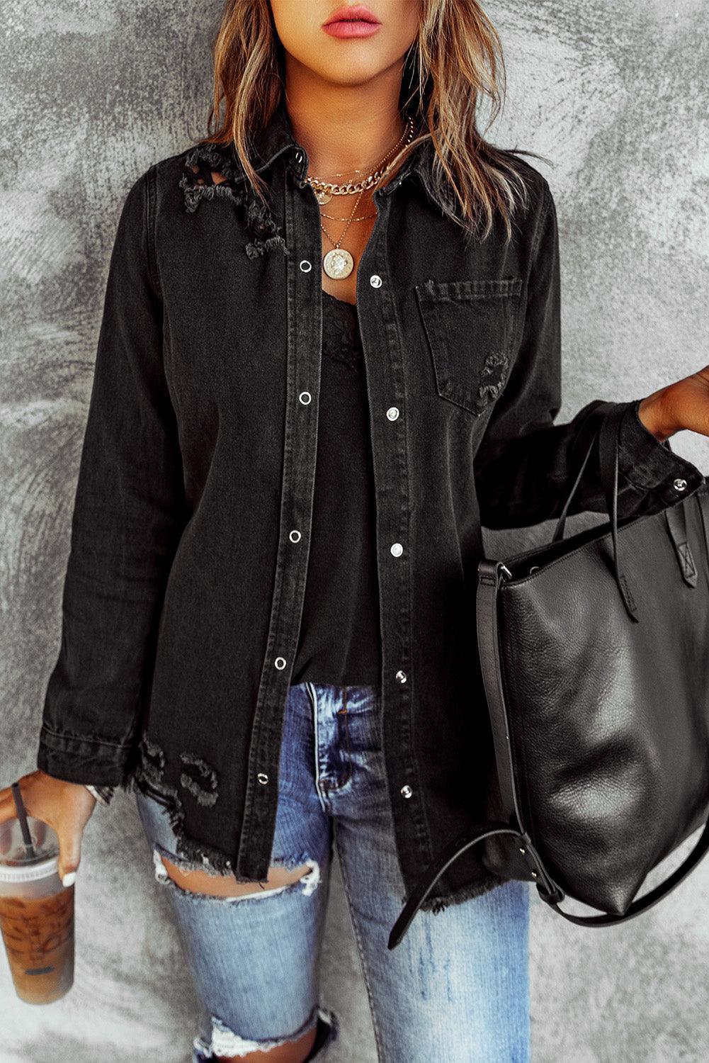 Slay it Girl Distressed Raw Hem Denim Jacket - MXSTUDIO.COM