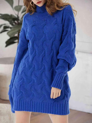 Sleigh The Day Cable Knit Turtleneck Sweater Dress-MXSTUDIO.COM
