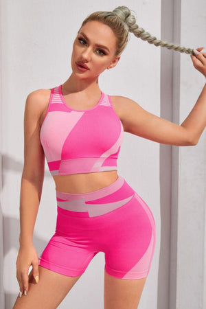 Slim Fit Color Block Sports Bra And Shorts Set - MXSTUDIO.COM