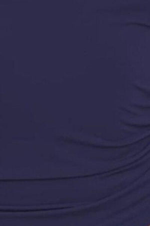 a woman wearing a blue skirt with an orange stripe