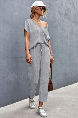Sloppy T-Shirt and Drawstring Waist Pants Set - MXSTUDIO.COM