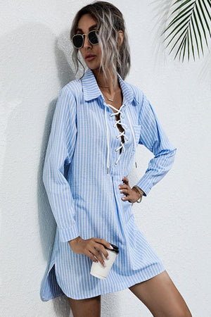 Slow Down Lace Up Slit Shirt Mini Dress - MXSTUDIO.COM