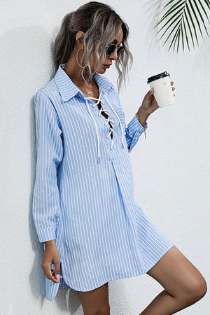 Slow Down Lace Up Slit Shirt Mini Dress - MXSTUDIO.COM