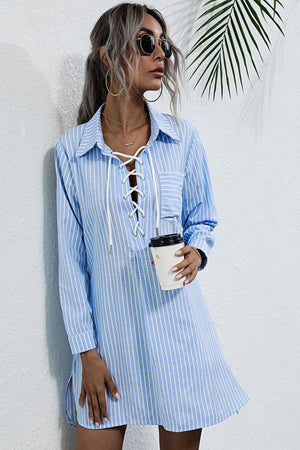 Slow Down Lace Up Slit Shirt Mini Dress - MXSTUDIO.COM