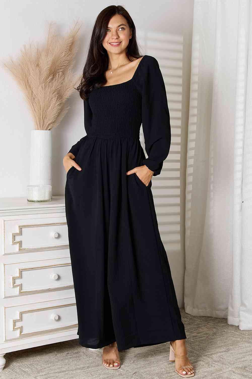 Smocked Black Square Neck Jumpsuit - MXSTUDIO.COM