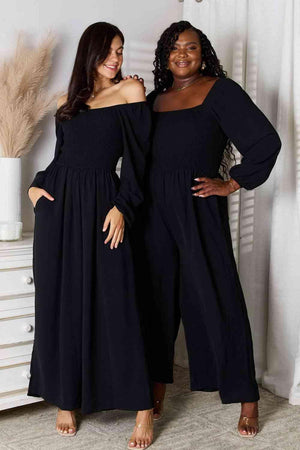 Smocked Black Square Neck Jumpsuit - MXSTUDIO.COM
