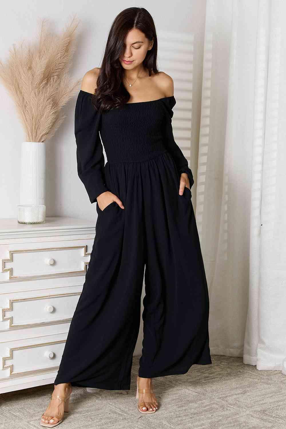 Smocked Black Square Neck Jumpsuit - MXSTUDIO.COM