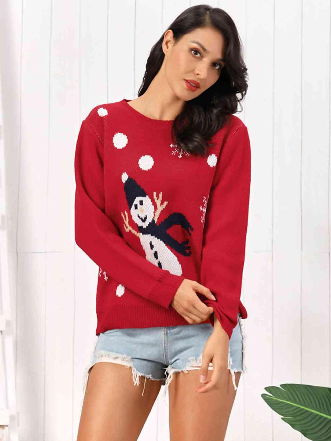 Snowman Graphic Women Red Christmas Sweater-MXSTUDIO.COM