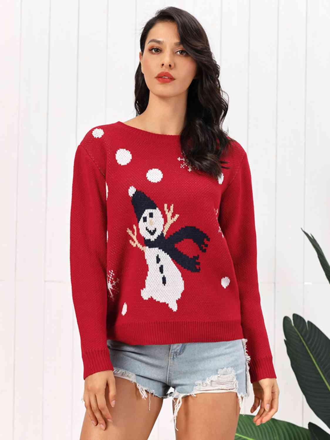 Snowman Graphic Women Red Christmas Sweater-MXSTUDIO.COM