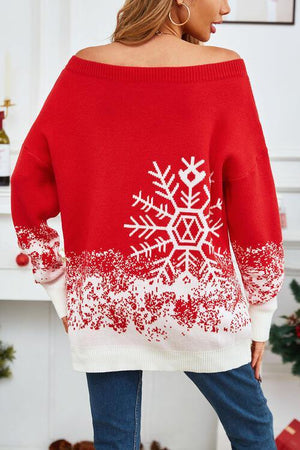 Snowy Chic Off Shoulder Red Snowflake Sweater-MXSTUDIO.COM