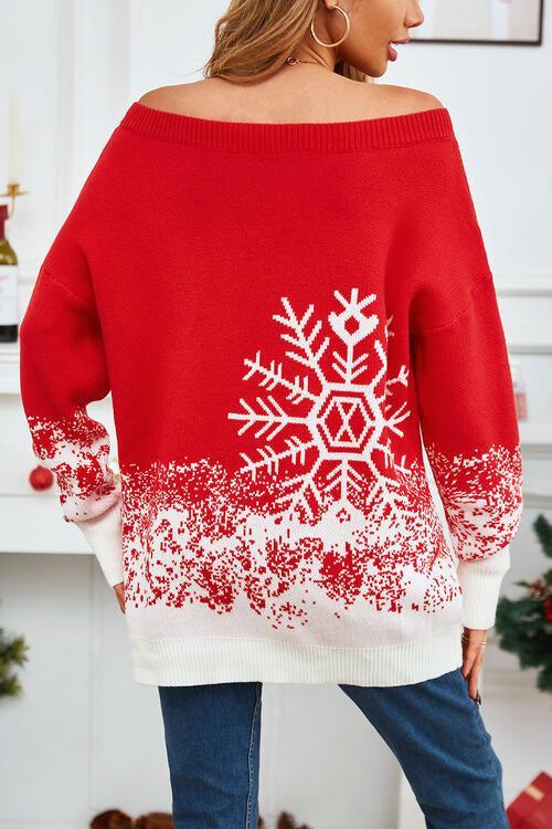 Snowy Chic Off Shoulder Red Snowflake Sweater-MXSTUDIO.COM