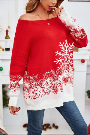 Snowy Chic Off Shoulder Red Snowflake Sweater-MXSTUDIO.COM