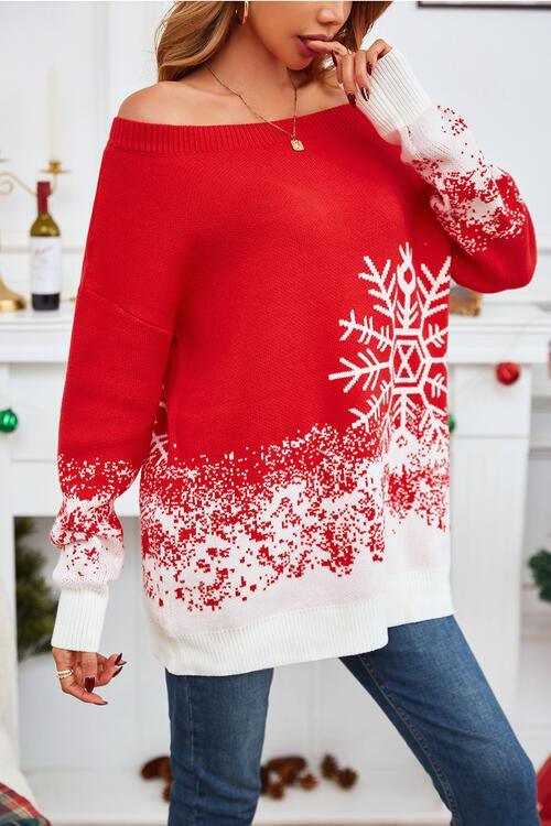 Snowy Chic Off Shoulder Red Snowflake Sweater-MXSTUDIO.COM