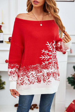 Snowy Chic Off Shoulder Red Snowflake Sweater-MXSTUDIO.COM