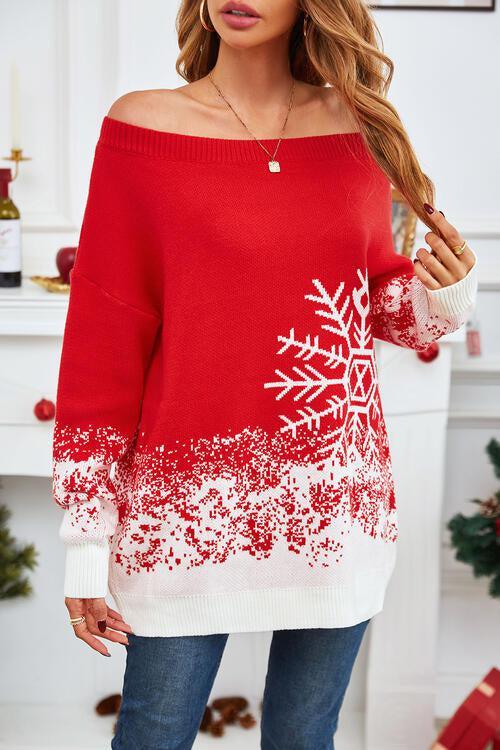 Snowy Chic Off Shoulder Red Snowflake Sweater-MXSTUDIO.COM