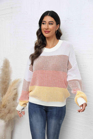 Snug Fit Color Block Waffle Knit Sweater - MXSTUDIO.COM