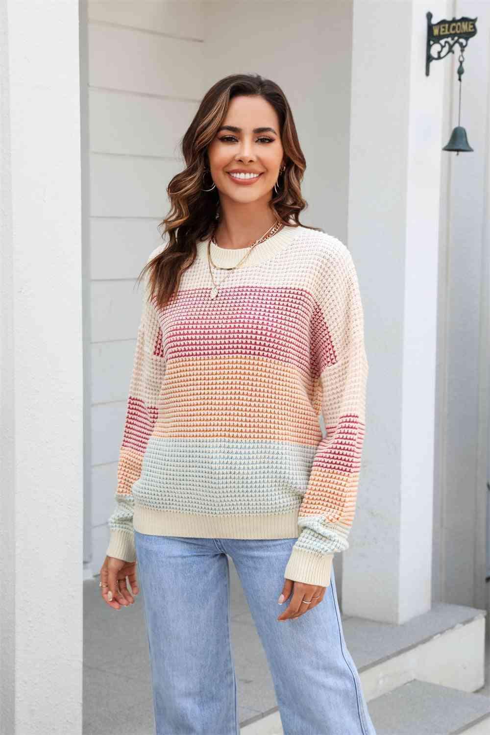 Snug Fit Color Block Waffle Knit Sweater - MXSTUDIO.COM
