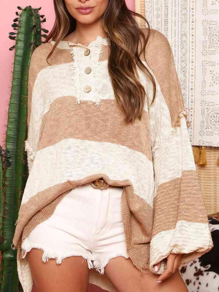 Snuggly Striped Oversized Henley Sweater-MXSTUDIO.COM