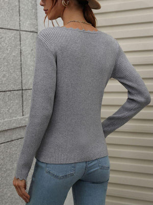 Sophisticated Knit V-Neck Long Sleeve Top - MXSTUDIO.COM