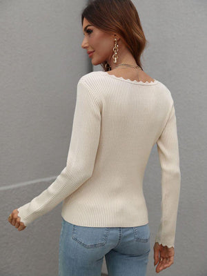 Sophisticated Knit V-Neck Long Sleeve Top - MXSTUDIO.COM