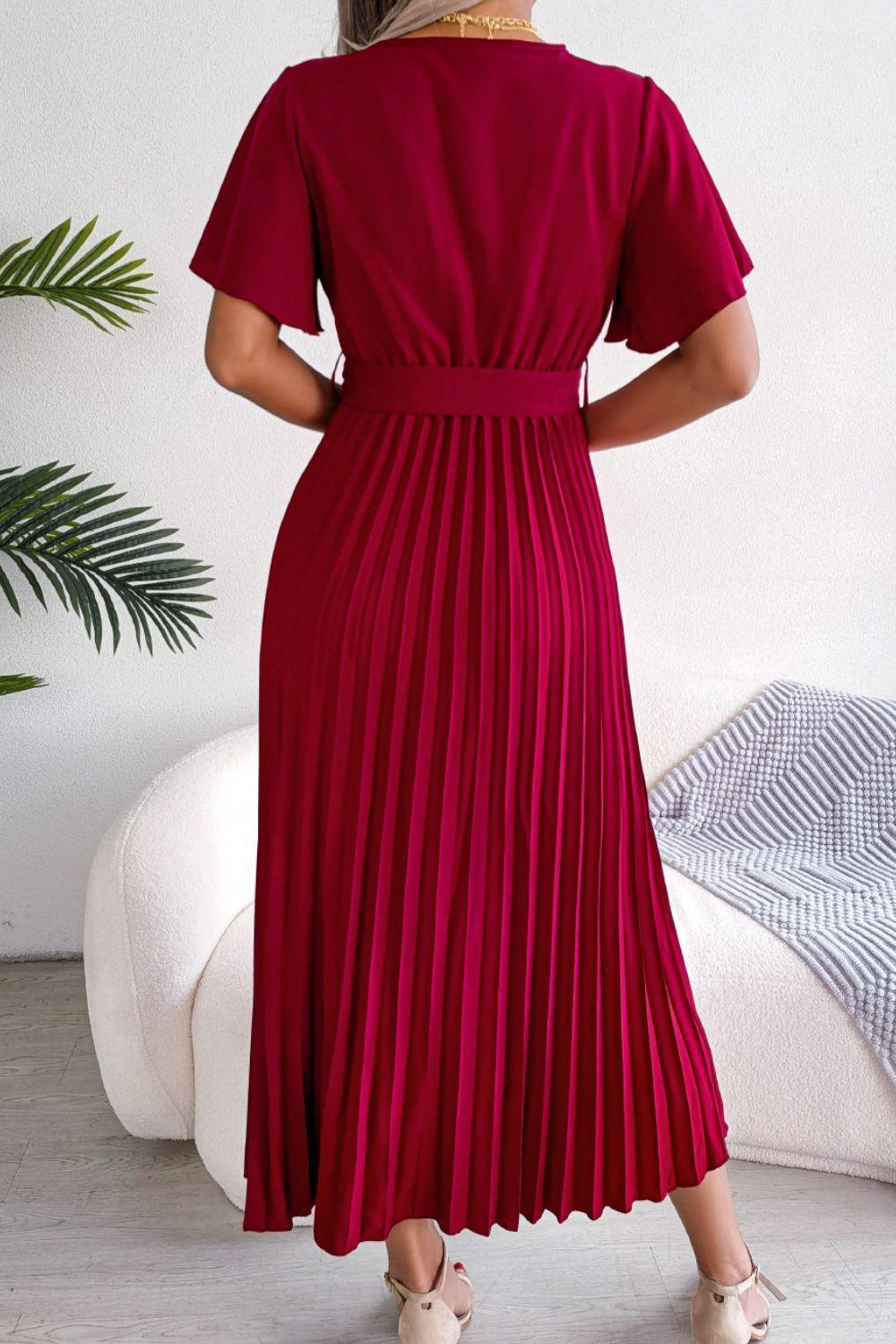 Sophisticated Pleated Flutter Sleeve Dress - MXSTUDIO.COM