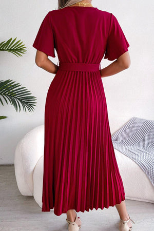 Sophisticated Pleated Flutter Sleeve Dress - MXSTUDIO.COM