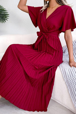 Sophisticated Pleated Flutter Sleeve Dress - MXSTUDIO.COM