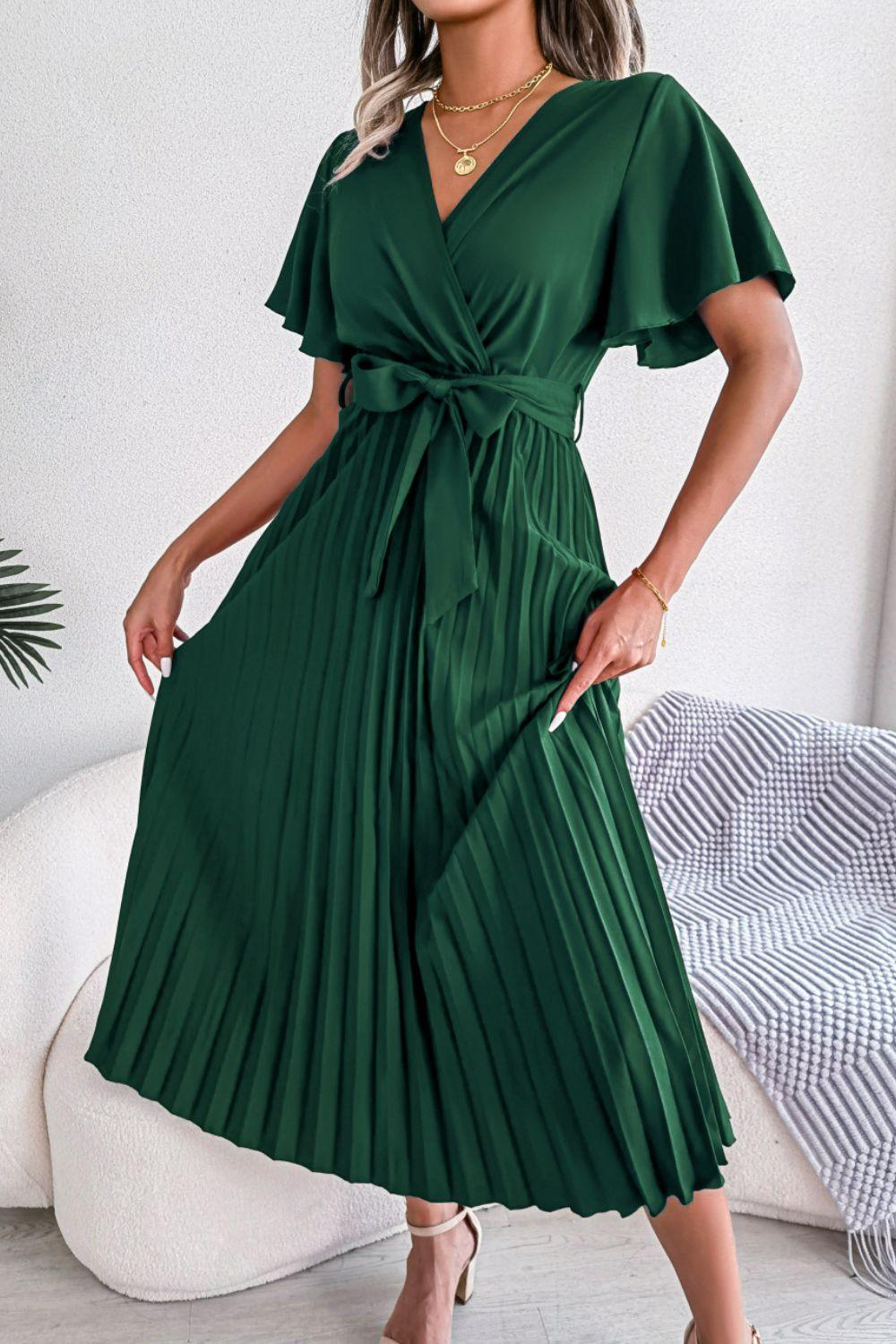 Sophisticated Pleated Flutter Sleeve Dress - MXSTUDIO.COM