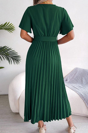 Sophisticated Pleated Flutter Sleeve Dress - MXSTUDIO.COM