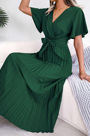 Sophisticated Pleated Flutter Sleeve Dress - MXSTUDIO.COM