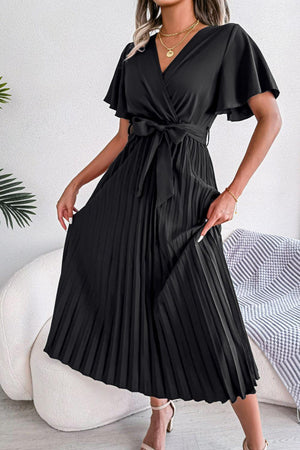 Sophisticated Pleated Flutter Sleeve Dress - MXSTUDIO.COM