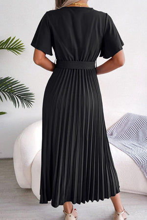 Sophisticated Pleated Flutter Sleeve Dress - MXSTUDIO.COM