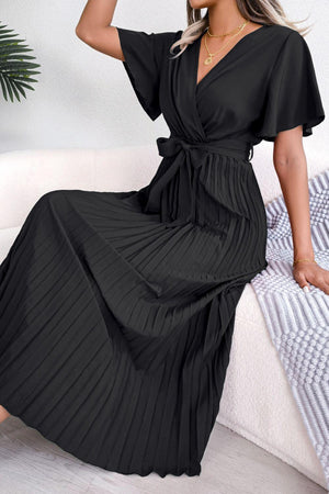 Sophisticated Pleated Flutter Sleeve Dress - MXSTUDIO.COM